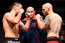 MINNEAPOLIS, MN - OCTOBER 04:  (L-R) Opponents Josh Neer and Justin Edwards face off during the UFC on FX weigh in at Pantages Theater on October 4, 2012 in Minneapolis, Minnesota.  (Photo by Josh Hedges/Zuffa LLC/Zuffa LLC via Getty Images)