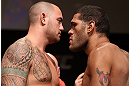 MINNEAPOLIS, MN - OCTOBER 04:  Opponents Travis Browne (L) and Antonio "Bigfoot" Silva (R) face off during the UFC on FX weigh in at Pantages Theater on October 4, 2012 in Minneapolis, Minnesota.  (Photo by Josh Hedges/Zuffa LLC/Zuffa LLC via Getty Images)