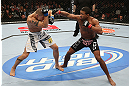 MINNEAPOLIS, MN - OCTOBER 05:  (R-L) Marcus LeVesseur punches Carlo Prater during their lightweight fight at the UFC on FX event at Target Center on October 5, 2012 in Minneapolis, Minnesota.  (Photo by Josh Hedges/Zuffa LLC/Zuffa LLC via Getty Images)