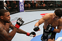MINNEAPOLIS, MN - OCTOBER 05:  (R-L) Danny Castillo knocks down Michael Johnson with a punch during their lightweight fight at the UFC on FX event at Target Center on October 5, 2012 in Minneapolis, Minnesota.  (Photo by Josh Hedges/Zuffa LLC/Zuffa LLC via Getty Images)