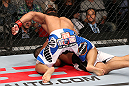 MINNEAPOLIS, MN - OCTOBER 05:  (L-R) John Dodson punches Jussier Formiga during their flyweight fight at the UFC on FX event at Target Center on October 5, 2012 in Minneapolis, Minnesota.  (Photo by Josh Hedges/Zuffa LLC/Zuffa LLC via Getty Images)