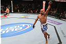 MINNEAPOLIS, MN - OCTOBER 05:  John Dodson reacts after knocking out Jussier Formiga during their flyweight fight at the UFC on FX event at Target Center on October 5, 2012 in Minneapolis, Minnesota.  (Photo by Josh Hedges/Zuffa LLC/Zuffa LLC via Getty Images)