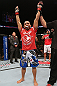 MINNEAPOLIS, MN - OCTOBER 05:  John Dodson reacts after knocking out Jussier Formiga during their flyweight fight at the UFC on FX event at Target Center on October 5, 2012 in Minneapolis, Minnesota.  (Photo by Josh Hedges/Zuffa LLC/Zuffa LLC via Getty Images)