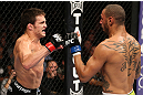 MINNEAPOLIS, MN - OCTOBER 05:  (L-R) Jake Ellenberger fires a punch at Jay Hieron during their welterweight fight at the UFC on FX event at Target Center on October 5, 2012 in Minneapolis, Minnesota.  (Photo by Josh Hedges/Zuffa LLC/Zuffa LLC via Getty Images)