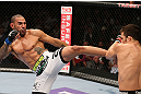 MINNEAPOLIS, MN - OCTOBER 05:  (L-R) Jay Hieron kicks Jake Ellenberger during their welterweight fight at the UFC on FX event at Target Center on October 5, 2012 in Minneapolis, Minnesota.  (Photo by Josh Hedges/Zuffa LLC/Zuffa LLC via Getty Images)