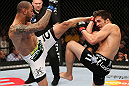 MINNEAPOLIS, MN - OCTOBER 05:  (L-R) Jay Hieron kicks Jake Ellenberger during their welterweight fight at the UFC on FX event at Target Center on October 5, 2012 in Minneapolis, Minnesota.  (Photo by Josh Hedges/Zuffa LLC/Zuffa LLC via Getty Images)
