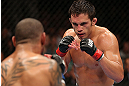 MINNEAPOLIS, MN - OCTOBER 05:  (R-L) Jake Ellenberger squares off with Jay Hieron during their welterweight fight at the UFC on FX event at Target Center on October 5, 2012 in Minneapolis, Minnesota.  (Photo by Josh Hedges/Zuffa LLC/Zuffa LLC via Getty Images)