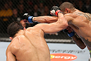 MINNEAPOLIS, MN - OCTOBER 05:  (L-R) Jake Ellenberger and Jay Hieron trade punches during their welterweight fight at the UFC on FX event at Target Center on October 5, 2012 in Minneapolis, Minnesota.  (Photo by Josh Hedges/Zuffa LLC/Zuffa LLC via Getty Images)