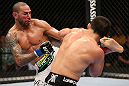 MINNEAPOLIS, MN - OCTOBER 05:  (L-R) Jay Hieron kicks Jake Ellenberger during their welterweight fight at the UFC on FX event at Target Center on October 5, 2012 in Minneapolis, Minnesota.  (Photo by Josh Hedges/Zuffa LLC/Zuffa LLC via Getty Images)