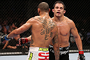 MINNEAPOLIS, MN - OCTOBER 05:  (R-L) Jake Ellenberger and Jay Hieron hug after their welterweight fight at the UFC on FX event at Target Center on October 5, 2012 in Minneapolis, Minnesota.  (Photo by Josh Hedges/Zuffa LLC/Zuffa LLC via Getty Images)