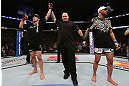 MINNEAPOLIS, MN - OCTOBER 05:  Jake Ellenberger (L) reacts after defeating Jay Hieron (R) during their welterweight fight at the UFC on FX event at Target Center on October 5, 2012 in Minneapolis, Minnesota.  (Photo by Josh Hedges/Zuffa LLC/Zuffa LLC via Getty Images)