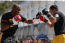 RIO DE JANEIRO, BRAZIL - OCTOBER 10:  Anderson Silva works out for fans and media during an open training session ahead of UFC 153 at Arcos da Lapa: Praca Cardeal Camara on October 10, 2012 in Rio de Janeiro, Brazil.  (Photo by Josh Hedges/Zuffa LLC/Zuffa LLC via Getty Images)