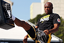 RIO DE JANEIRO, BRAZIL - OCTOBER 10:  Anderson Silva works out for fans and media during an open training session ahead of UFC 153 at Arcos da Lapa: Praca Cardeal Camara on October 10, 2012 in Rio de Janeiro, Brazil.  (Photo by Josh Hedges/Zuffa LLC/Zuffa LLC via Getty Images)