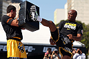 RIO DE JANEIRO, BRAZIL - OCTOBER 10:  Anderson Silva works out for fans and media during an open training session ahead of UFC 153 at Arcos da Lapa: Praca Cardeal Camara on October 10, 2012 in Rio de Janeiro, Brazil.  (Photo by Josh Hedges/Zuffa LLC/Zuffa LLC via Getty Images)