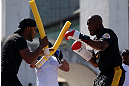 RIO DE JANEIRO, BRAZIL - OCTOBER 10:  Anderson Silva works out for fans and media during an open training session ahead of UFC 153 at Arcos da Lapa: Praca Cardeal Camara on October 10, 2012 in Rio de Janeiro, Brazil.  (Photo by Josh Hedges/Zuffa LLC/Zuffa LLC via Getty Images)