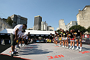 RIO DE JANEIRO, BRAZIL - OCTOBER 10:  Anderson Silva (far right) and his teammates bow to their coaching staff after working out for fans and media during an open training session ahead of UFC 153 at Arcos da Lapa: Praca Cardeal Camara on October 10, 2012 in Rio de Janeiro, Brazil.  (Photo by Josh Hedges/Zuffa LLC/Zuffa LLC via Getty Images)