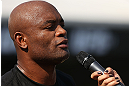 RIO DE JANEIRO, BRAZIL - OCTOBER 10:  Anderson Silva addresses the fans after an open training session ahead of UFC 153 at Arcos da Lapa: Praca Cardeal Camara on October 10, 2012 in Rio de Janeiro, Brazil.  (Photo by Josh Hedges/Zuffa LLC/Zuffa LLC via Getty Images)