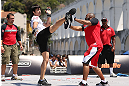 RIO DE JANEIRO, BRAZIL - OCTOBER 10:  Erick Silva works out for fans and media during an open training session ahead of UFC 153 at Arcos da Lapa: Praca Cardeal Camara on October 10, 2012 in Rio de Janeiro, Brazil.  (Photo by Josh Hedges/Zuffa LLC/Zuffa LLC via Getty Images)