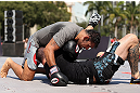 RIO DE JANEIRO, BRAZIL - OCTOBER 10:  Antonio Rodrigo "Minotauro" Nogeuira works out for fans and media during an open training session ahead of UFC 153 at Arcos da Lapa: Praca Cardeal Camara on October 10, 2012 in Rio de Janeiro, Brazil.  (Photo by Josh Hedges/Zuffa LLC/Zuffa LLC via Getty Images)