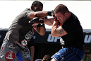 RIO DE JANEIRO, BRAZIL - OCTOBER 10:  Antonio Rodrigo "Minotauro" Nogeuira works out for fans and media during an open training session ahead of UFC 153 at Arcos da Lapa: Praca Cardeal Camara on October 10, 2012 in Rio de Janeiro, Brazil.  (Photo by Josh Hedges/Zuffa LLC/Zuffa LLC via Getty Images)