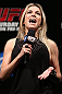RIO DE JANEIRO, BRAZIL - OCTOBER 12:  UFC reporter Paula Sack hosts a Q&A session with fighters Lyoto Machida and Jose Aldo before the UFC 153 weigh in at HSBC Arena on October 12, 2012 in Rio de Janeiro, Brazil.  (Photo by Josh Hedges/Zuffa LLC/Zuffa LLC via Getty Images)