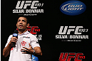 RIO DE JANEIRO, BRAZIL - OCTOBER 12:  Jose Aldo interacts with fans during a Q&A session before the UFC 153 weigh in at HSBC Arena on October 12, 2012 in Rio de Janeiro, Brazil.  (Photo by Josh Hedges/Zuffa LLC/Zuffa LLC via Getty Images)