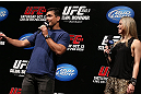 RIO DE JANEIRO, BRAZIL - OCTOBER 12:  (L-R) Lyoto Machida and Paula Sack interact with fans during a Q&A session before the UFC 153 weigh in at HSBC Arena on October 12, 2012 in Rio de Janeiro, Brazil.  (Photo by Josh Hedges/Zuffa LLC/Zuffa LLC via Getty Images)
