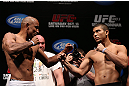 RIO DE JANEIRO, BRAZIL - OCTOBER 12:  (L-R) Opponents Sergio Moraes and Renee Forte face off during the UFC 153 weigh in at HSBC Arena on October 12, 2012 in Rio de Janeiro, Brazil.  (Photo by Josh Hedges/Zuffa LLC/Zuffa LLC via Getty Images)