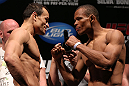 RIO DE JANEIRO, BRAZIL - OCTOBER 12:  (L-R) Opponents Gleison Tibau and Francisco Trinaldo face off during the UFC 153 weigh in at HSBC Arena on October 12, 2012 in Rio de Janeiro, Brazil.  (Photo by Josh Hedges/Zuffa LLC/Zuffa LLC via Getty Images)