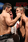RIO DE JANEIRO, BRAZIL - OCTOBER 12:  (L-R) Opponents Demian Maia and Rick Story face off during the UFC 153 weigh in at HSBC Arena on October 12, 2012 in Rio de Janeiro, Brazil.  (Photo by Josh Hedges/Zuffa LLC/Zuffa LLC via Getty Images)