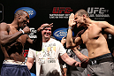 RIO DE JANEIRO, BRAZIL - OCTOBER 12:  (L-R) Opponents Phil Davis and Wagner Prado face off during the UFC 153 weigh in at HSBC Arena on October 12, 2012 in Rio de Janeiro, Brazil.  (Photo by Josh Hedges/Zuffa LLC/Zuffa LLC via Getty Images)