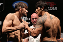 RIO DE JANEIRO, BRAZIL - OCTOBER 12:  (L-R) Opponents Jon Fitch and Erick Silva face off during the UFC 153 weigh in at HSBC Arena on October 12, 2012 in Rio de Janeiro, Brazil.  (Photo by Josh Hedges/Zuffa LLC/Zuffa LLC via Getty Images)