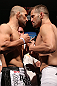 RIO DE JANEIRO, BRAZIL - OCTOBER 12:  (L-R) Opponents Glover Teixeira and Fabio Maldonado face off during the UFC 153 weigh in at HSBC Arena on October 12, 2012 in Rio de Janeiro, Brazil.  (Photo by Josh Hedges/Zuffa LLC/Zuffa LLC via Getty Images)
