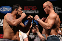 RIO DE JANEIRO, BRAZIL - OCTOBER 12:  (L-R) Opponents Antonio Rodrigo "Minotauro" Nogueira and Dave Herman face off during the UFC 153 weigh in at HSBC Arena on October 12, 2012 in Rio de Janeiro, Brazil.  (Photo by Josh Hedges/Zuffa LLC/Zuffa LLC via Getty Images)