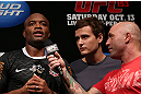 RIO DE JANEIRO, BRAZIL - OCTOBER 12:  Anderson Silva (L) is interviewed by Joe Rogan (R) during the UFC 153 weigh in at HSBC Arena on October 12, 2012 in Rio de Janeiro, Brazil.  (Photo by Josh Hedges/Zuffa LLC/Zuffa LLC via Getty Images)