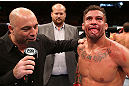 RIO DE JANEIRO, BRAZIL - OCTOBER 13:  (R-L) Cristiano Marcello is interviewed by Joe Rogan after defeating Reza Madadi during their lightweight fight at UFC 153 inside HSBC Arena on October 13, 2012 in Rio de Janeiro, Brazil.  (Photo by Josh Hedges/Zuffa LLC/Zuffa LLC via Getty Images)
