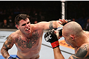 RIO DE JANEIRO, BRAZIL - OCTOBER 13:  (L-R) Chris Camozzi punches Luiz Cane during their middleweight fight at UFC 153 inside HSBC Arena on October 13, 2012 in Rio de Janeiro, Brazil.  (Photo by Josh Hedges/Zuffa LLC/Zuffa LLC via Getty Images)