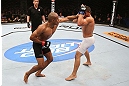 RIO DE JANEIRO, BRAZIL - OCTOBER 13:  (L-R) Sergio Moraes punches Renee Forte during their welterweight fight at UFC 153 inside HSBC Arena on October 13, 2012 in Rio de Janeiro, Brazil.  (Photo by Josh Hedges/Zuffa LLC/Zuffa LLC via Getty Images)