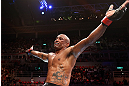 RIO DE JANEIRO, BRAZIL - OCTOBER 13:  Sergio Moraes reacts after defeating Renee Forte during their welterweight fight at UFC 153 inside HSBC Arena on October 13, 2012 in Rio de Janeiro, Brazil.  (Photo by Josh Hedges/Zuffa LLC/Zuffa LLC via Getty Images)