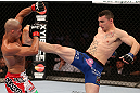 RIO DE JANEIRO, BRAZIL - OCTOBER 13:  (R-L) Joey Gambino kicks Diego Brandao during their featherweight fight at UFC 153 inside HSBC Arena on October 13, 2012 in Rio de Janeiro, Brazil.  (Photo by Josh Hedges/Zuffa LLC/Zuffa LLC via Getty Images)