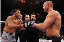 RIO DE JANEIRO, BRAZIL - OCTOBER 13:  (L-R) Opponents Antonio Rodrigo "Minotauro" Nogeuira and Dave Herman touch gloves before their heavyweight fight at UFC 153 inside HSBC Arena on October 13, 2012 in Rio de Janeiro, Brazil.  (Photo by Josh Hedges/Zuffa LLC/Zuffa LLC via Getty Images)