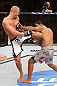 RIO DE JANEIRO, BRAZIL - OCTOBER 13:  (L-R) Dave Herman kicks Antonio Rodrigo "Minotauro" Nogeuira during their heavyweight fight at UFC 153 inside HSBC Arena on October 13, 2012 in Rio de Janeiro, Brazil.  (Photo by Josh Hedges/Zuffa LLC/Zuffa LLC via Getty Images)