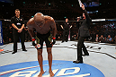 RIO DE JANEIRO, BRAZIL - OCTOBER 13:  Anderson Silva (L) is introduced by Bruce Buffer (R) before his light heavyweight fight against Stephan Bonnar at UFC 153 inside HSBC Arena on October 13, 2012 in Rio de Janeiro, Brazil.  (Photo by Josh Hedges/Zuffa LLC/Zuffa LLC via Getty Images)