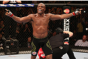 RIO DE JANEIRO, BRAZIL - OCTOBER 13:  Anderson Silva reacts after his TKO victory over Stephan Bonnar during their light heavyweight fight at UFC 153 inside HSBC Arena on October 13, 2012 in Rio de Janeiro, Brazil.  (Photo by Josh Hedges/Zuffa LLC/Zuffa LLC via Getty Images)