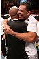 RIO DE JANEIRO, BRAZIL - OCTOBER 13:  (L-R) Anderson Silva and his teammate Antonio Rodrigo "Minotauro" Nogeuira celebrate after Silva's victory over Stephan Bonnar during their light heavyweight fight at UFC 153 inside HSBC Arena on October 13, 2012 in Rio de Janeiro, Brazil.  (Photo by Josh Hedges/Zuffa LLC/Zuffa LLC via Getty Images)