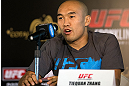 HONG KONG - NOVEMBER 07:  Tiequan Zhang speaks during a UFC press conference at Harbour City Mall on November 7, 2012 in Hong Kong, Hong Kong.  (Photo by Josh Hedges/Zuffa LLC/Zuffa LLC via Getty Images)