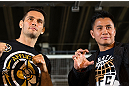 HONG KONG - NOVEMBER 07:  (L-R) Opponents Rich Franklin and Cung Le pose for photos during a UFC press conference at Harbour City Mall on November 7, 2012 in Hong Kong, Hong Kong.  (Photo by Josh Hedges/Zuffa LLC/Zuffa LLC via Getty Images)