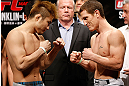 MACAU, MACAU - NOVEMBER 09:  (L-R) Opponents Takanori Gomi and Mac Danzig face off during the UFC Macau weigh in at Cotai Arena on November 9, 2012 in Macau, Macau.  (Photo by Josh Hedges/Zuffa LLC/Zuffa LLC via Getty Images)