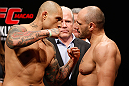 MACAU, MACAU - NOVEMBER 09:  (L-R) Opponents Thiago Silva and Stanislav Nedkov face off during the UFC Macau weigh in at Cotai Arena on November 9, 2012 in Macau, Macau.  (Photo by Josh Hedges/Zuffa LLC/Zuffa LLC via Getty Images)
