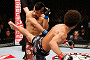 MACAU, MACAU - NOVEMBER 10:  (R-L) Alex Caceres kicks Motonobu Tezuka during their bantamweight bout at the UFC Macao event inside CotaiArena on November 10, 2012 in Macau, Macau.  (Photo by Josh Hedges/Zuffa LLC/Zuffa LLC via Getty Images)